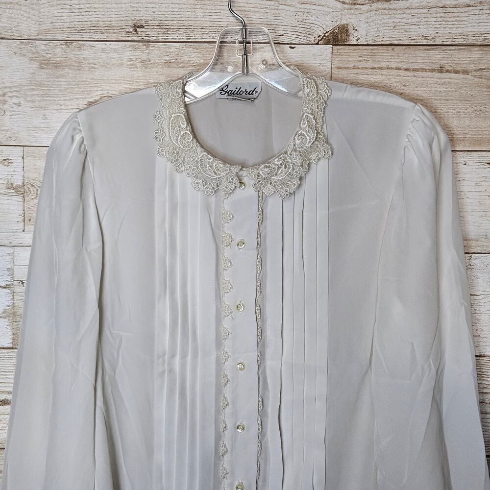 VTG Gailord Pleated Tuxedo Blouse Womens Lace Collar White Old Money 80s Granny